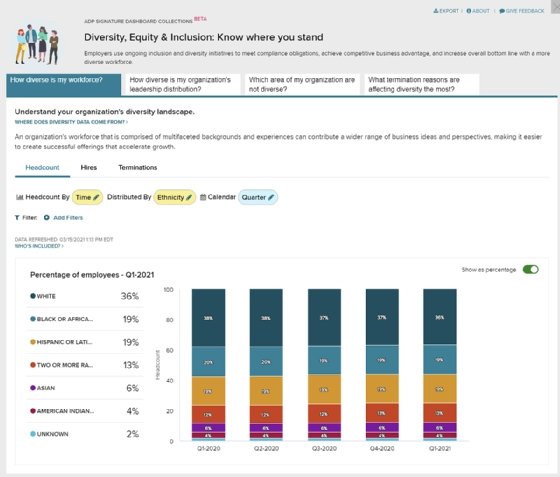 A screen capture of a dashboard that addresses corporate performance on diversity, equity and inclusion considerations.